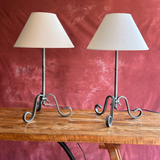 Gunmetal Curly Wrought Iron Lamp and Shade - Two Available