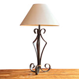 Blackened Triangular Wrought Iron with Brass Cuff Lamp and Shade - Two Available