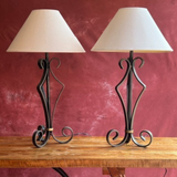 Blackened Triangular Wrought Iron with Brass Cuff Lamp and Shade - Two Available