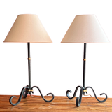 Blackened with slight Verdigris Curly Wrought Iron with Brass Cuff Lamp and Shade - Two Available