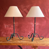 Blackened with slight Verdigris Curly Wrought Iron with Brass Cuff Lamp and Shade - Two Available